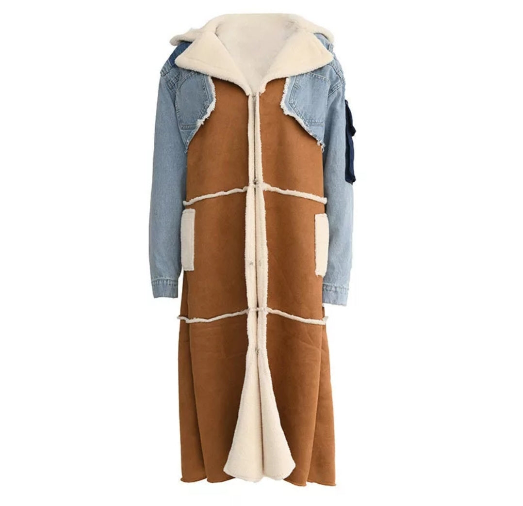 Long Denim Sherpa Coat